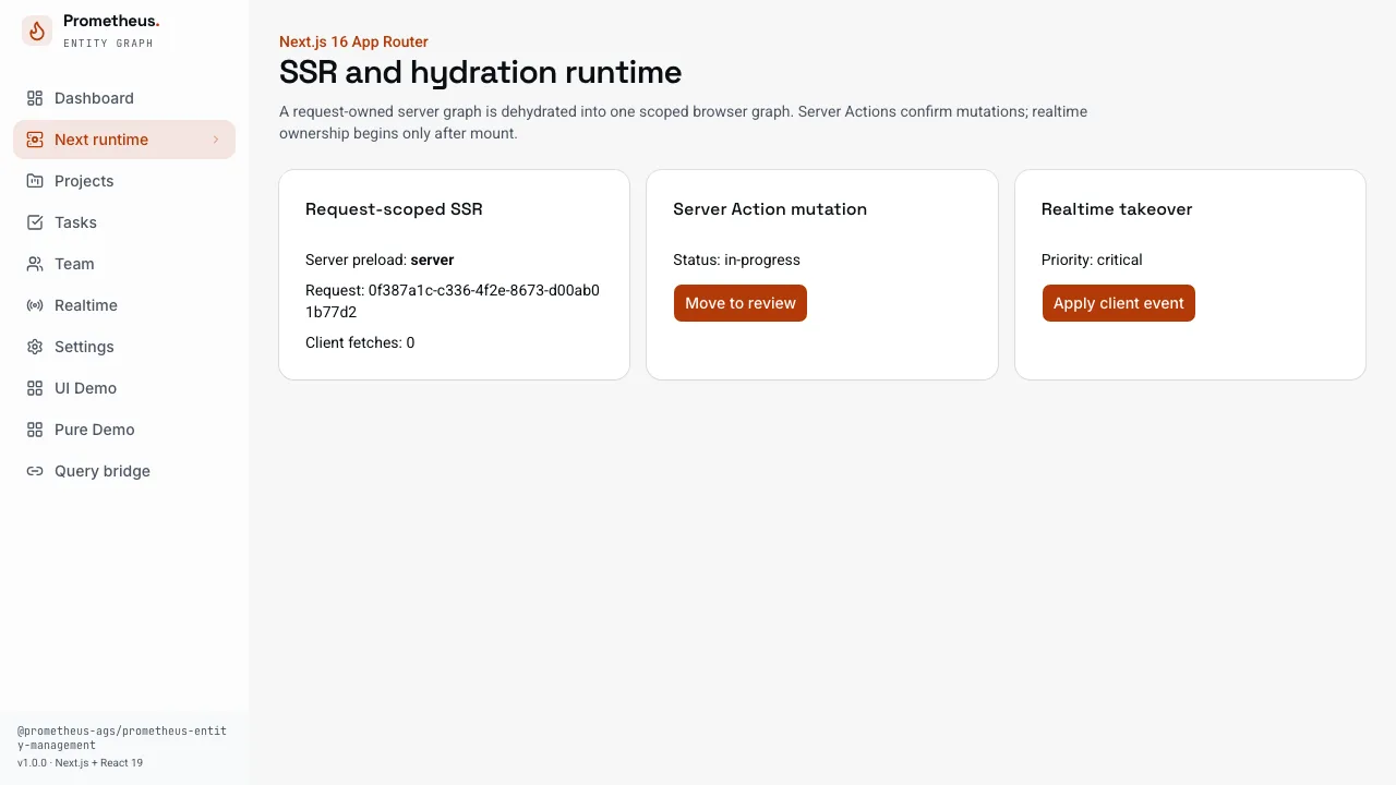Next.js App Router showcase displaying server-rendered entity state after scoped client hydration
