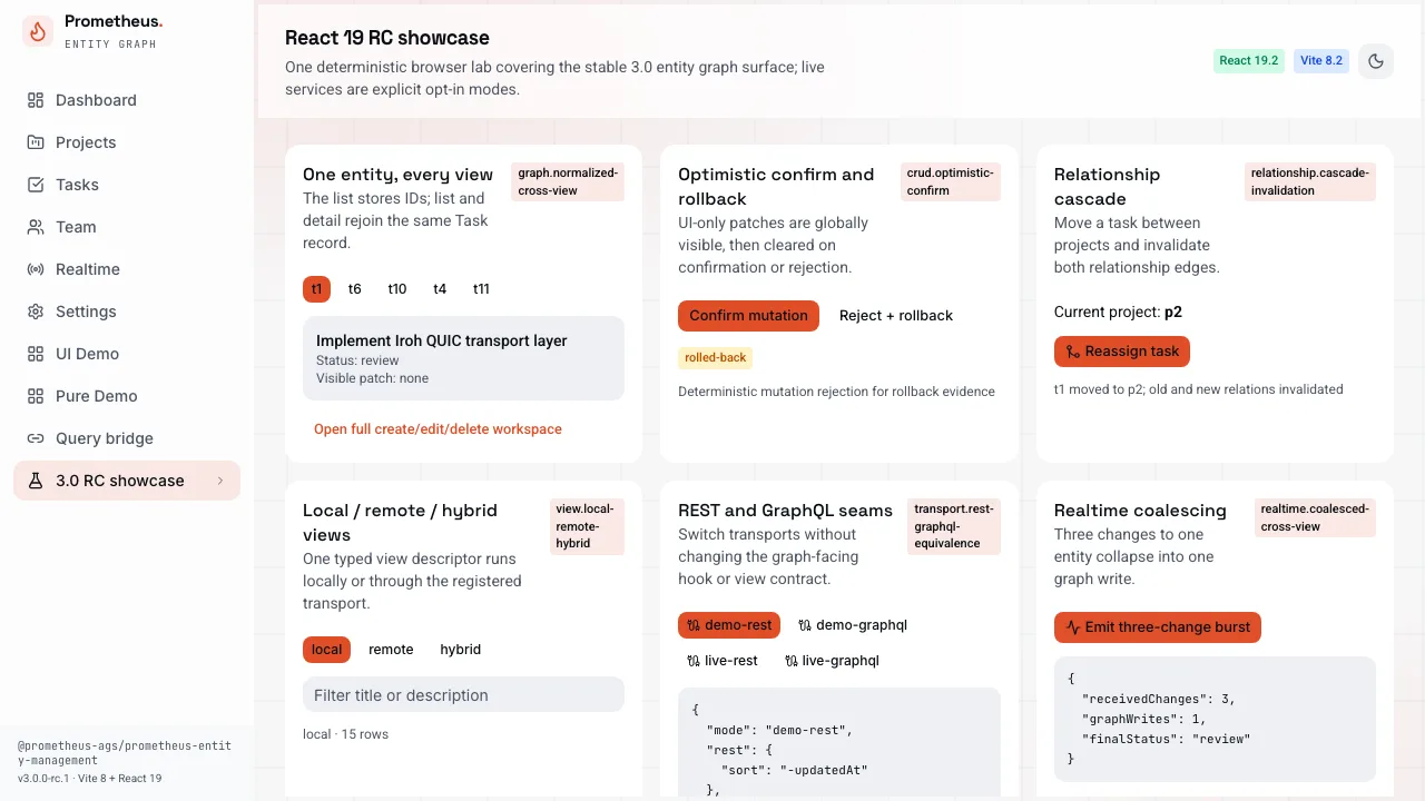 React showcase mutation and realtime panels displaying optimistic and coalesced cross-view state