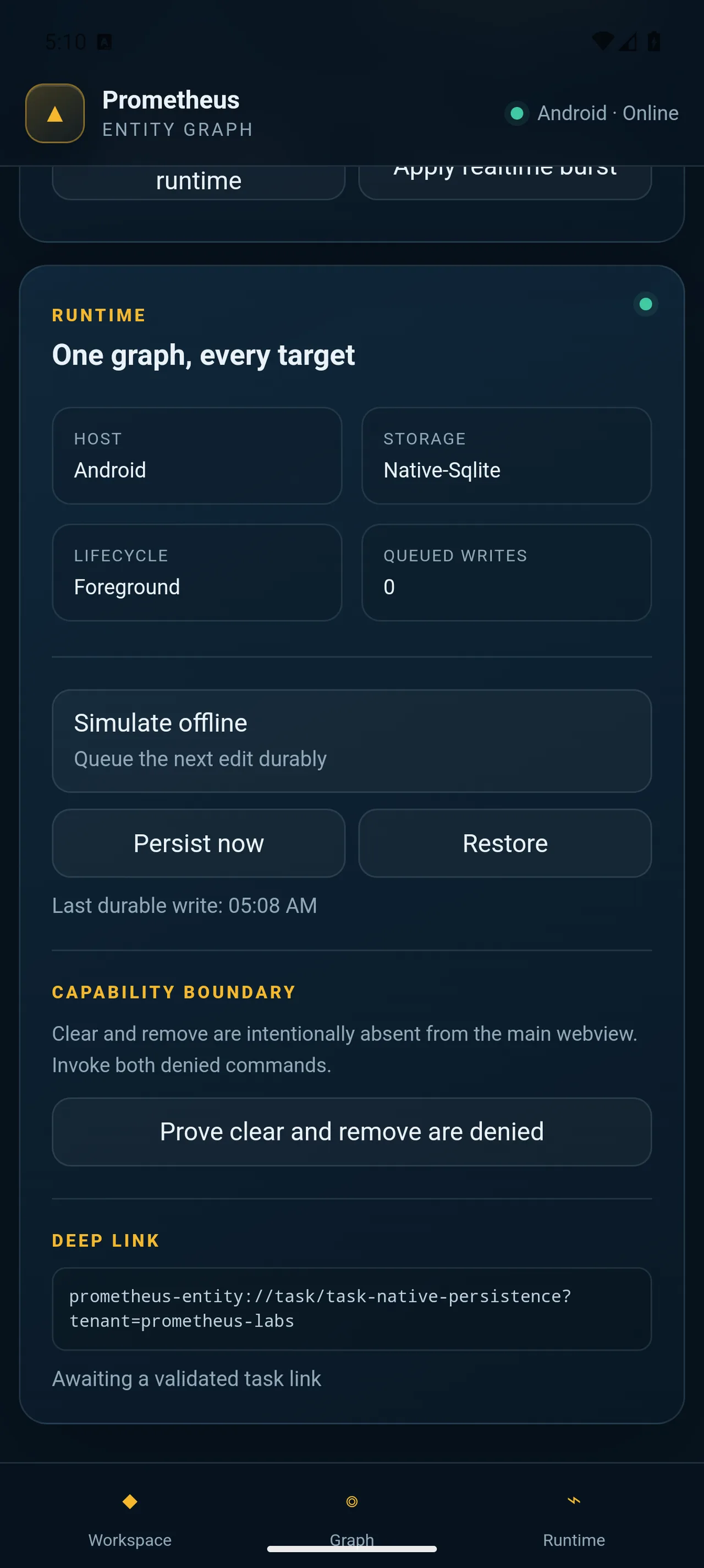 Android emulator showing the Prometheus Tauri entity application runtime result