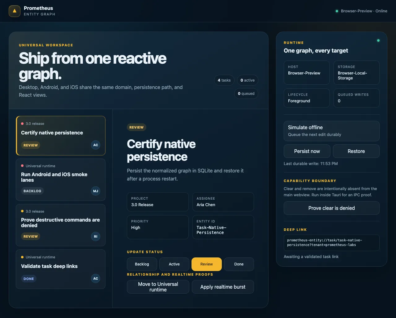 Tauri desktop showcase displaying entity graph views and native platform adapter status