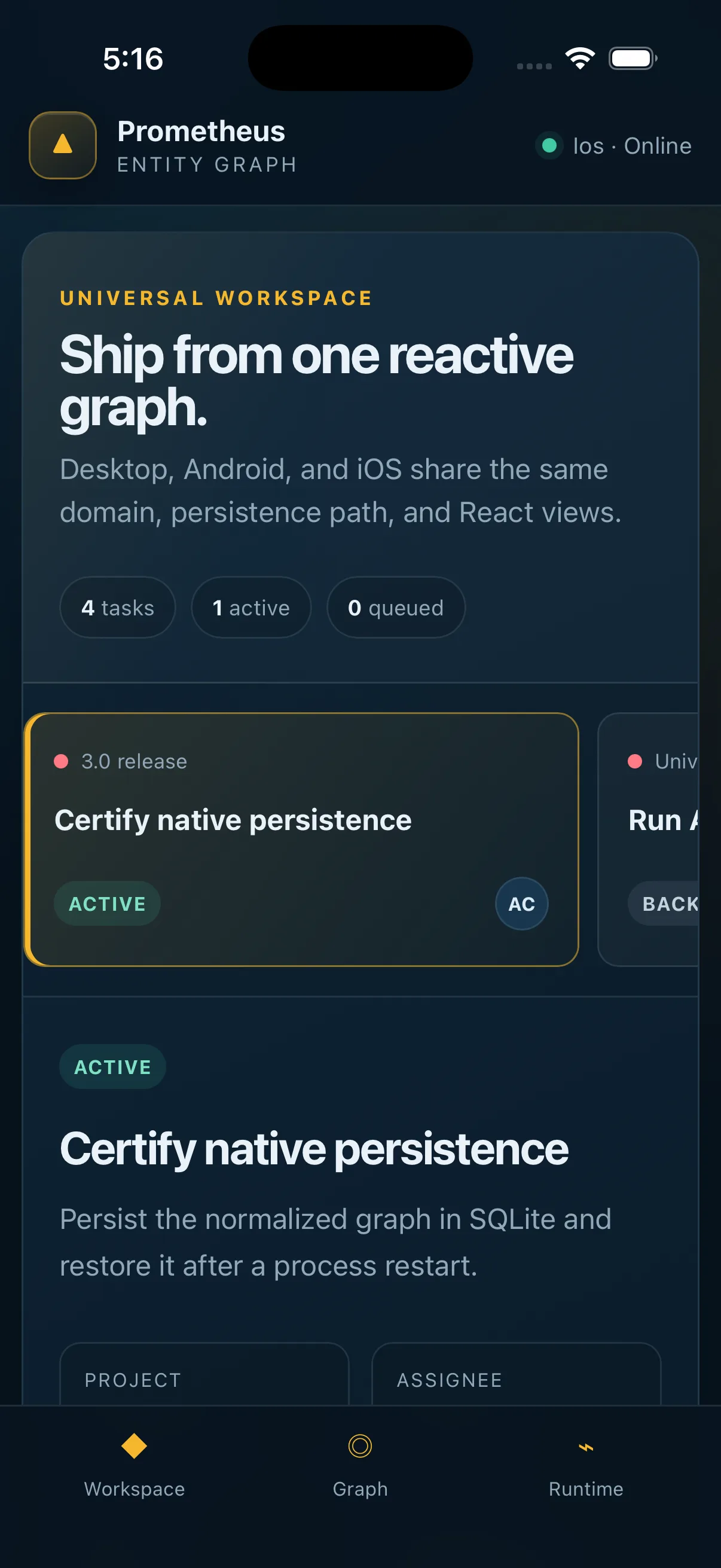 iOS simulator showing the Prometheus Tauri entity application runtime result